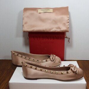 Valentino Garavani Rockstud Bow-Detailed Leather-Trimmed Satin Ballets Flats
